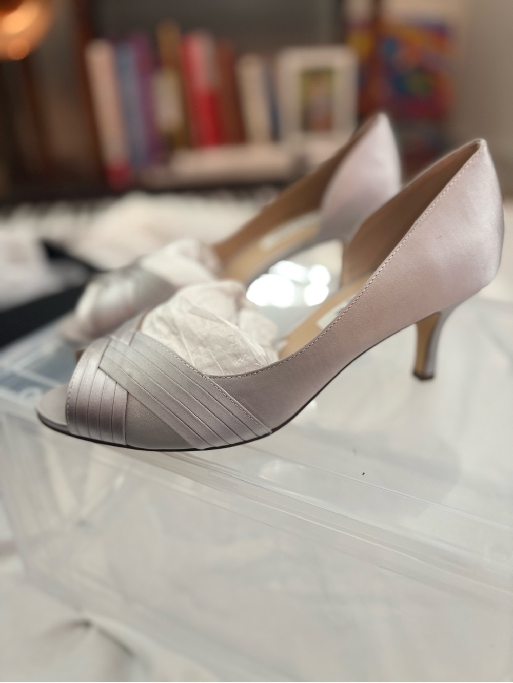 Nina Satin Peep-Toe Heels in Silver Pink